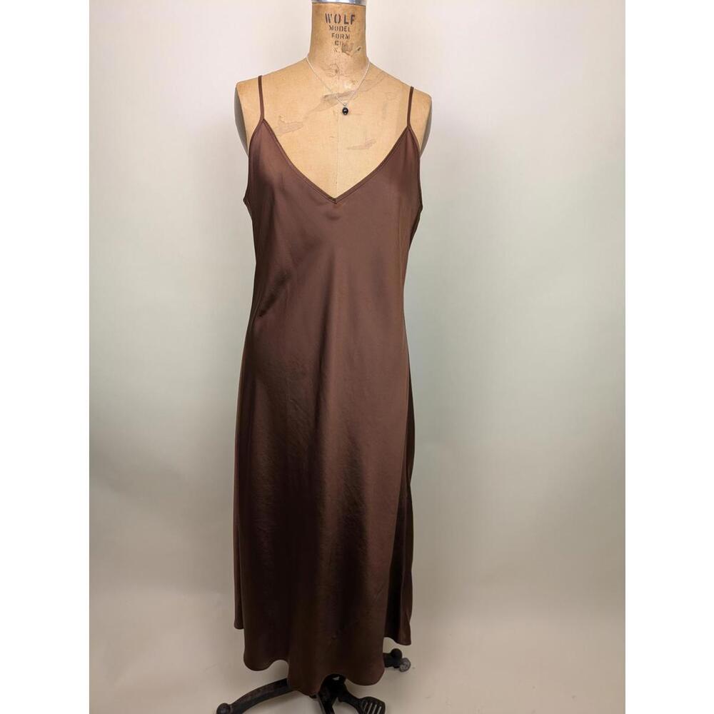 chocolate brown long satin slip dress
